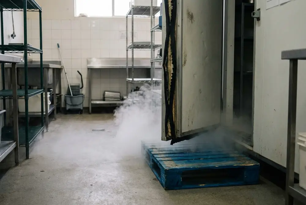 Walk-in cool room door propped open by a pallet with cold air spilling out
