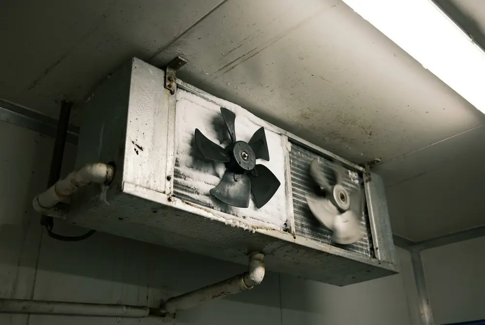 Cool room evaporator with one fan stopped and frost spreading across the coil