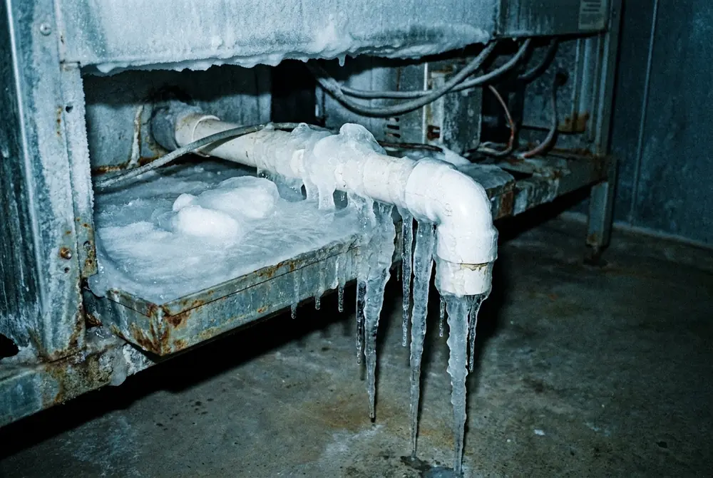 Evaporator drain tray and pipe choked with ice and icicles