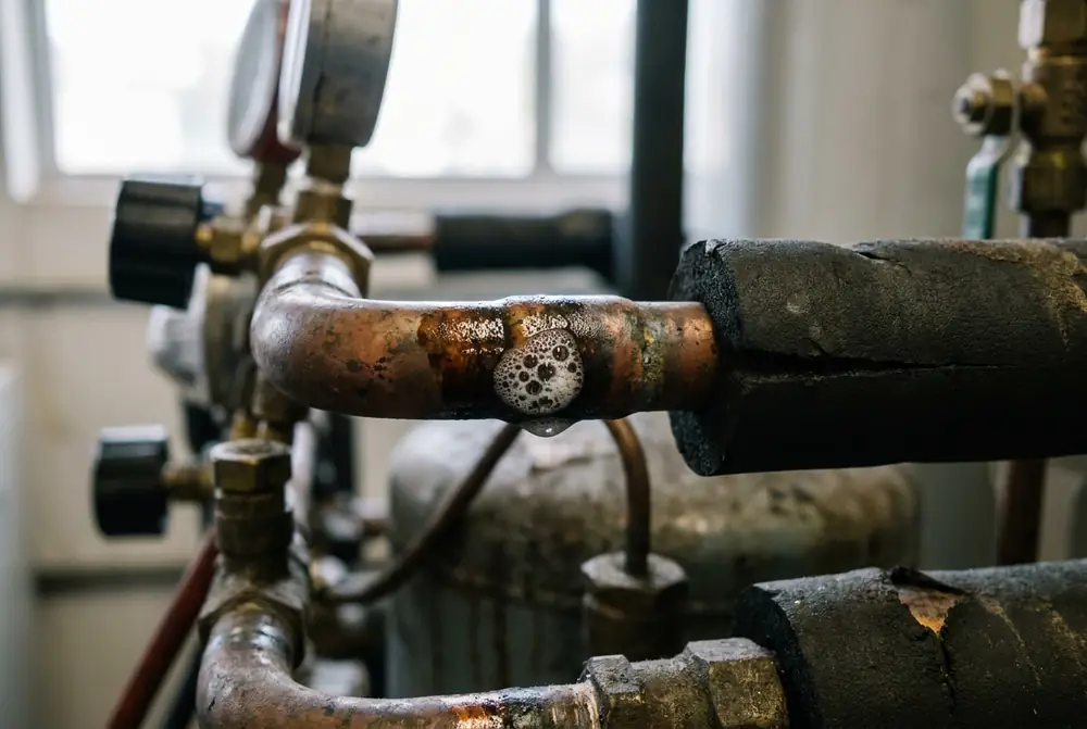 Leak detection bubbles forming on a brazed copper refrigeration joint