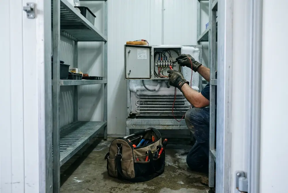 Technician kneeling inside a cool room testing an evaporator electrical box with a multimeter