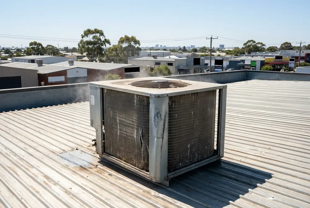 Condensing unit with dusty coils on a hot metal roof in summer sun
