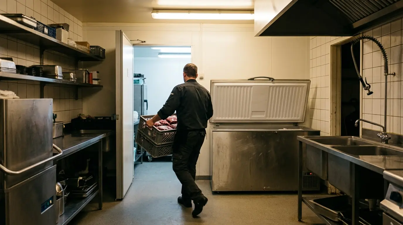 Kitchen worker carrying a crate of vacuum-packed meat from a cool room to a chest freezer