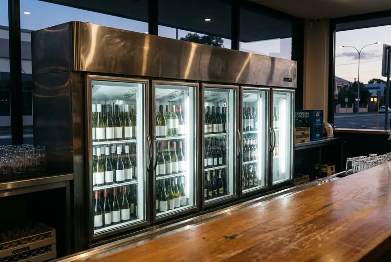 Run of lit glass door back bar fridges holding wine bottles