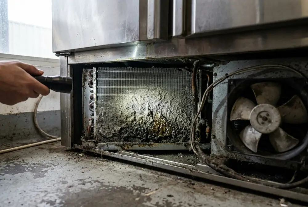 Condenser coil under a fridge clogged with grey dust and kitchen grease