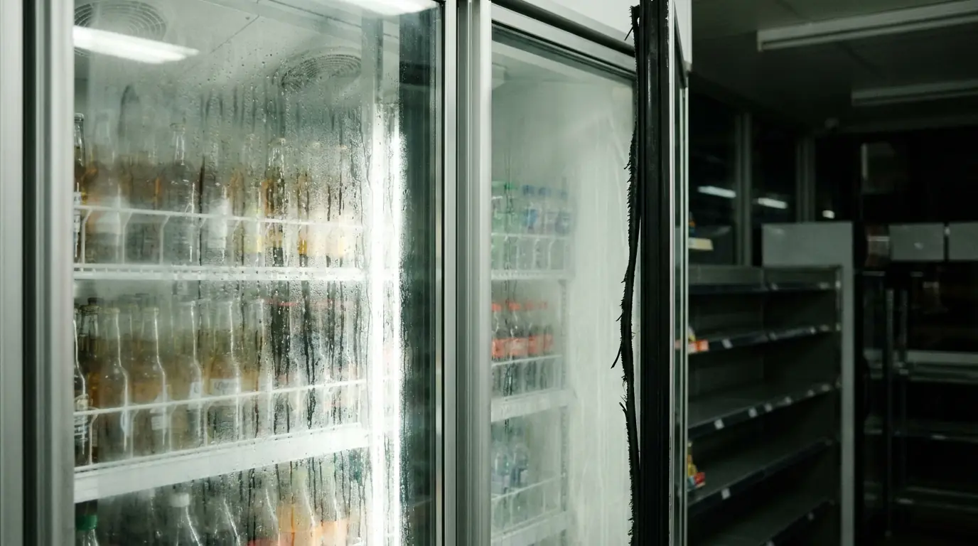 Fogged glass fridge doors with water droplets running down the glass
