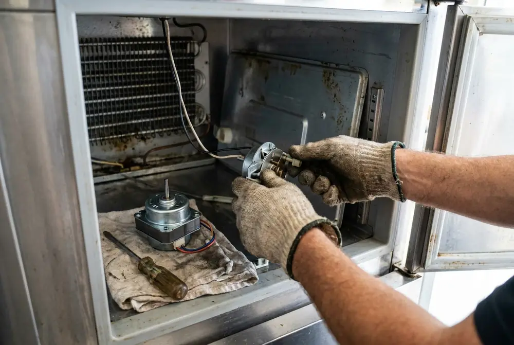 Gloved hands fitting a new evaporator fan motor inside a stainless fridge cabinet