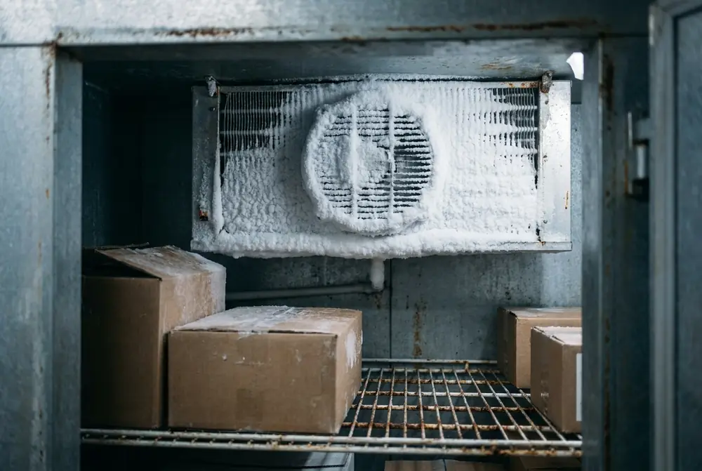 Freezer evaporator coil and fan cover buried in thick frost behind frozen boxes