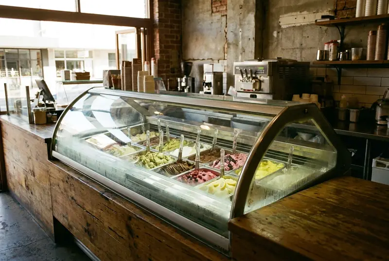 Curved glass gelato display cabinet with tubs and spatulas