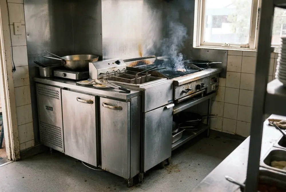 Stainless underbench fridges built in beside fryers and a grill on a hot kitchen line
