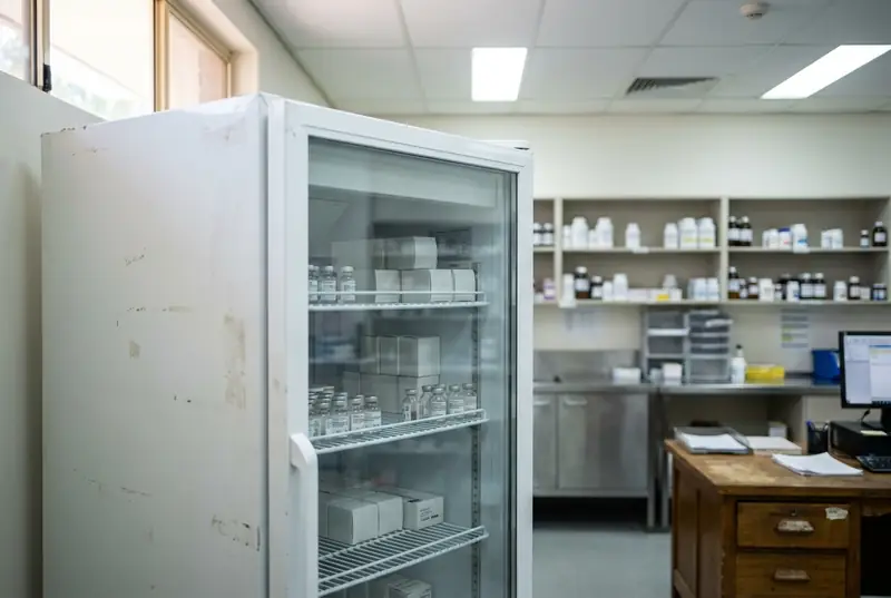 Glass door vaccine fridge with small boxes on wire shelves in a pharmacy