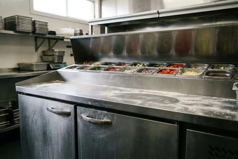 Refrigerated pizza prep counter with topping containers set into the well