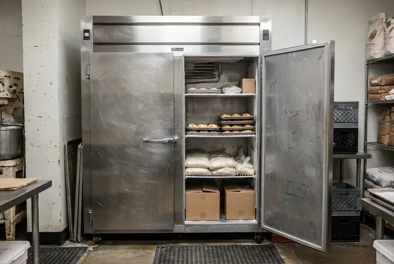 Two door stainless upright freezer with frozen trays in a bakery