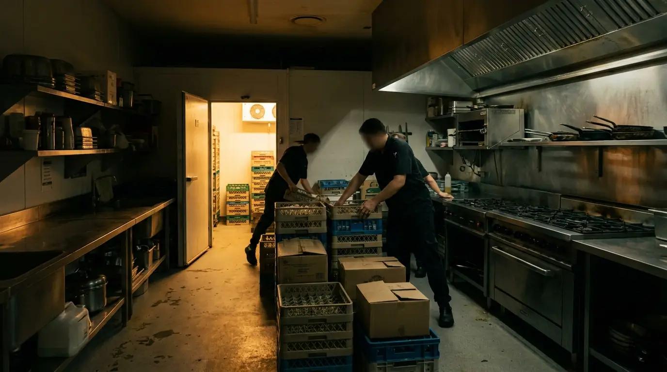 Kitchen staff moving stock out of a failed cool room