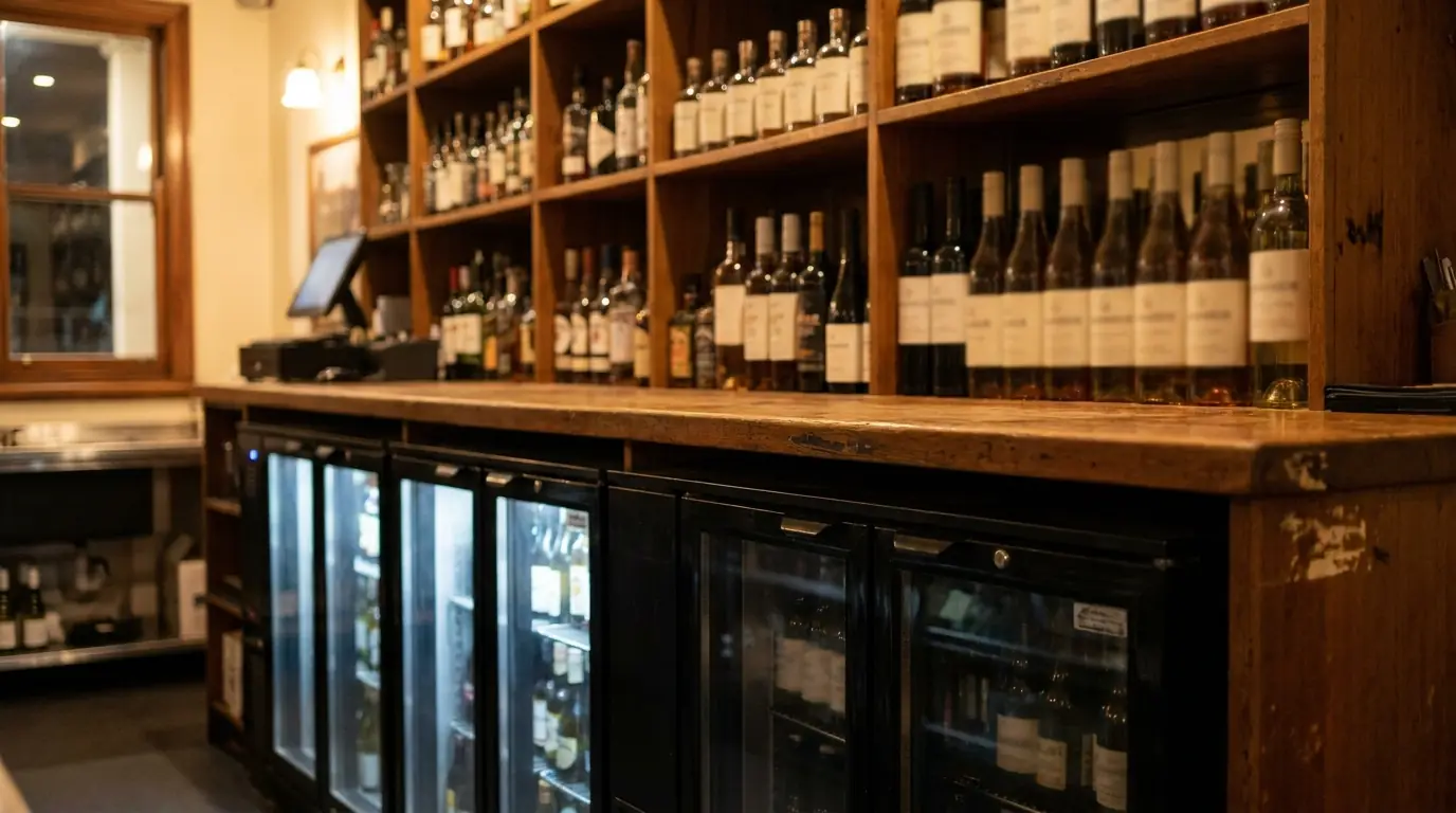 Glass door bottle fridges built in under a timber bar counter