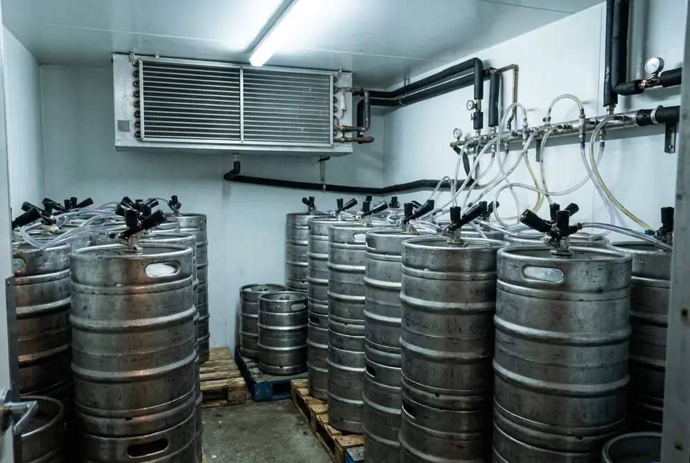 Keg cool room with rows of steel kegs, couplers and beer lines below a wall evaporator