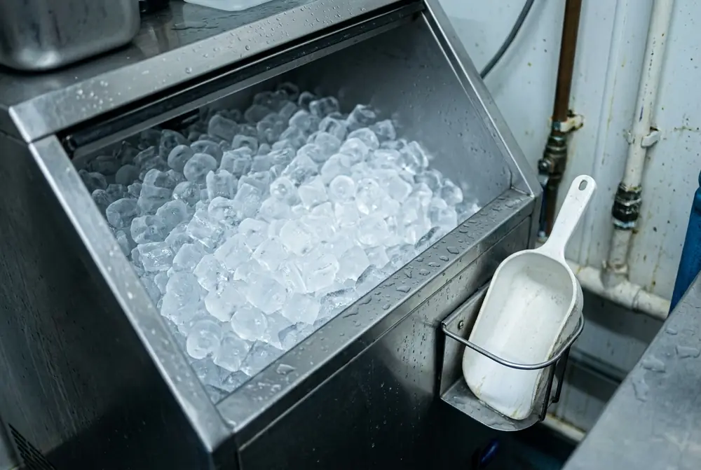 Clear ice cubes in a stainless bin with the scoop kept in a holder beside it