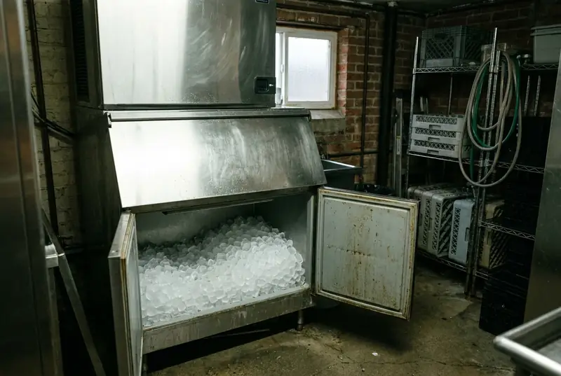 Cube ice machine head on a storage bin with the bin door open