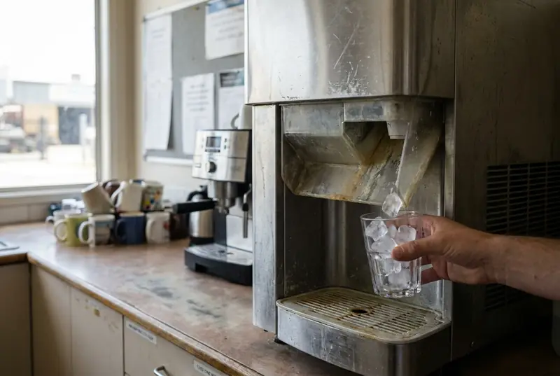 Countertop ice and water dispenser filling a glass with ice