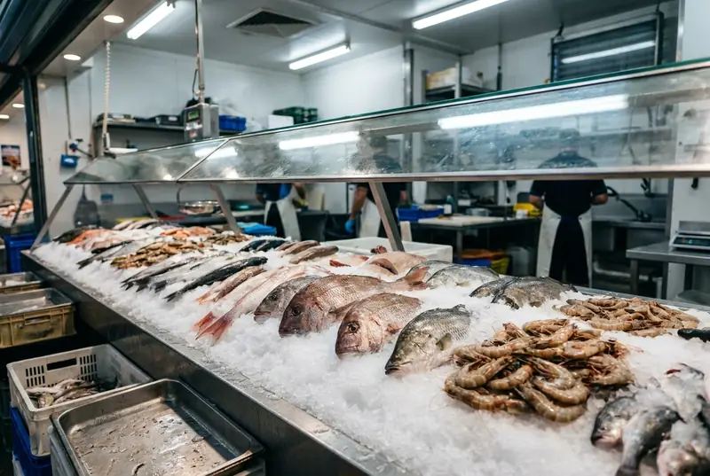 Whole fish and prawns laid on flake ice in a seafood display counter
