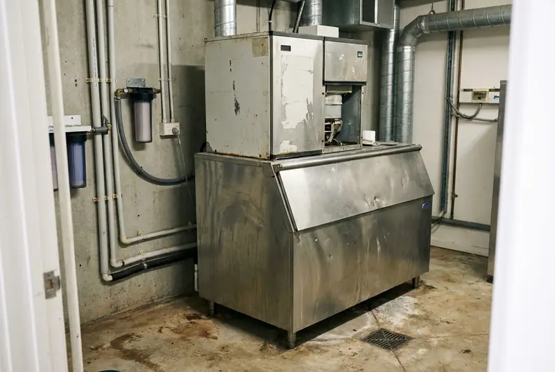 Modular ice machine head on a large stainless bin in a plant room