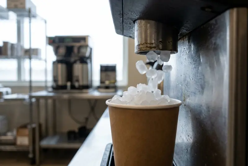 Nugget ice pellets dropping from a dispenser into a paper cup
