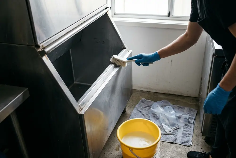 Gloved hands scrubbing an empty ice storage bin beside a bucket of sanitiser