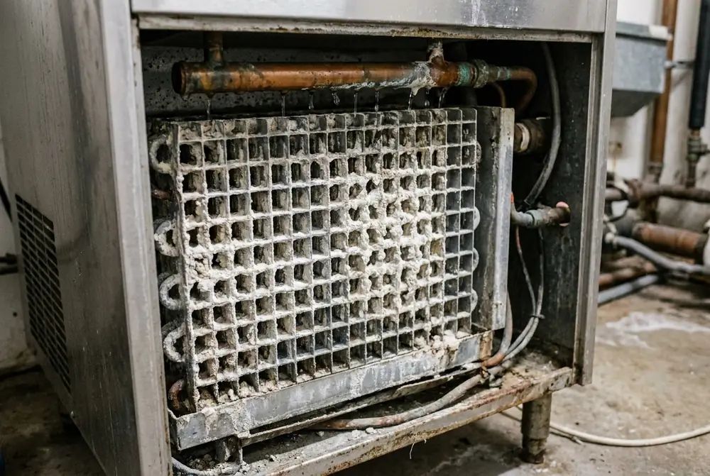 Ice machine evaporator plate crusted with white mineral scale