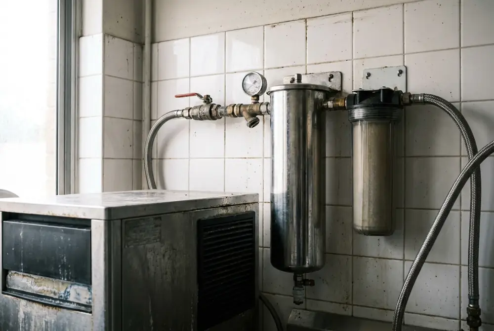 Water filter housings and braided lines on a tiled wall above an ice machine