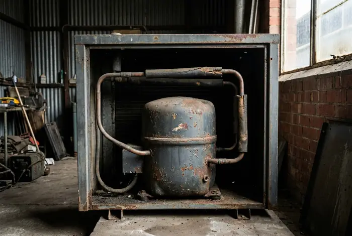 An old rusted compressor inside a condensing unit housing