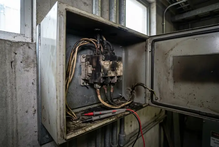 An open electrical box with a worn, scorched contactor and meter leads