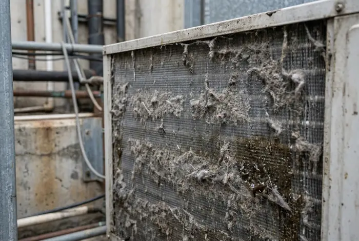 Condenser coil fins clogged with grey dust and lint