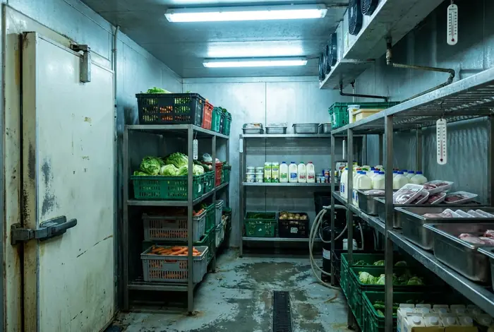 Walk-in cool room shelves stocked with produce, milk and meat trays