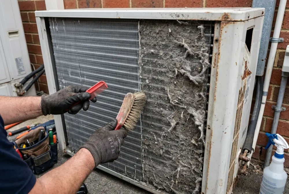 Condenser coil being cleaned during a maintenance visit