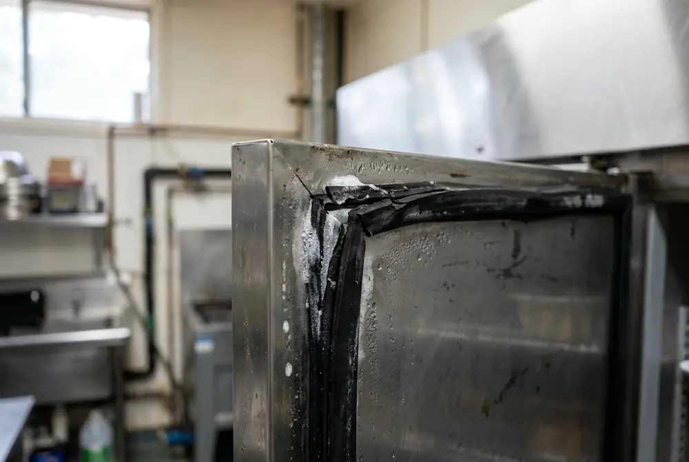 Torn and flattened rubber gasket at the corner of a stainless reach-in fridge door