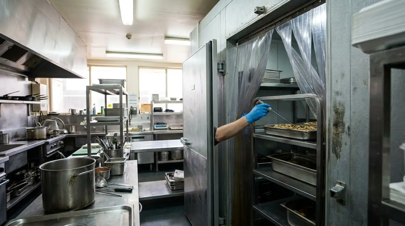 Gloved hand probing a tray of food at the open door of a walk-in cool room in a commercial kitchen