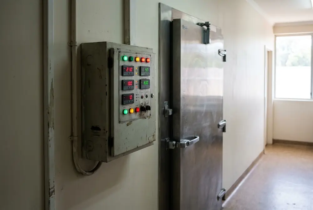 Wall mounted temperature alarm panel with digital readouts beside a walk-in cool room door