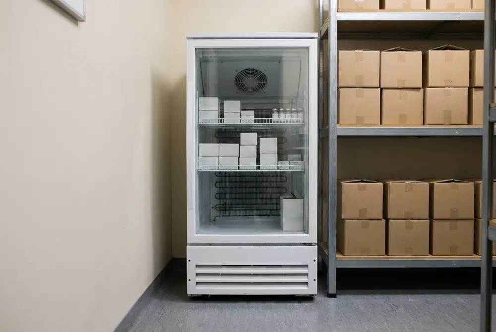 Glass door medication fridge in a clinic store room, standing clear of the wall beside shelving