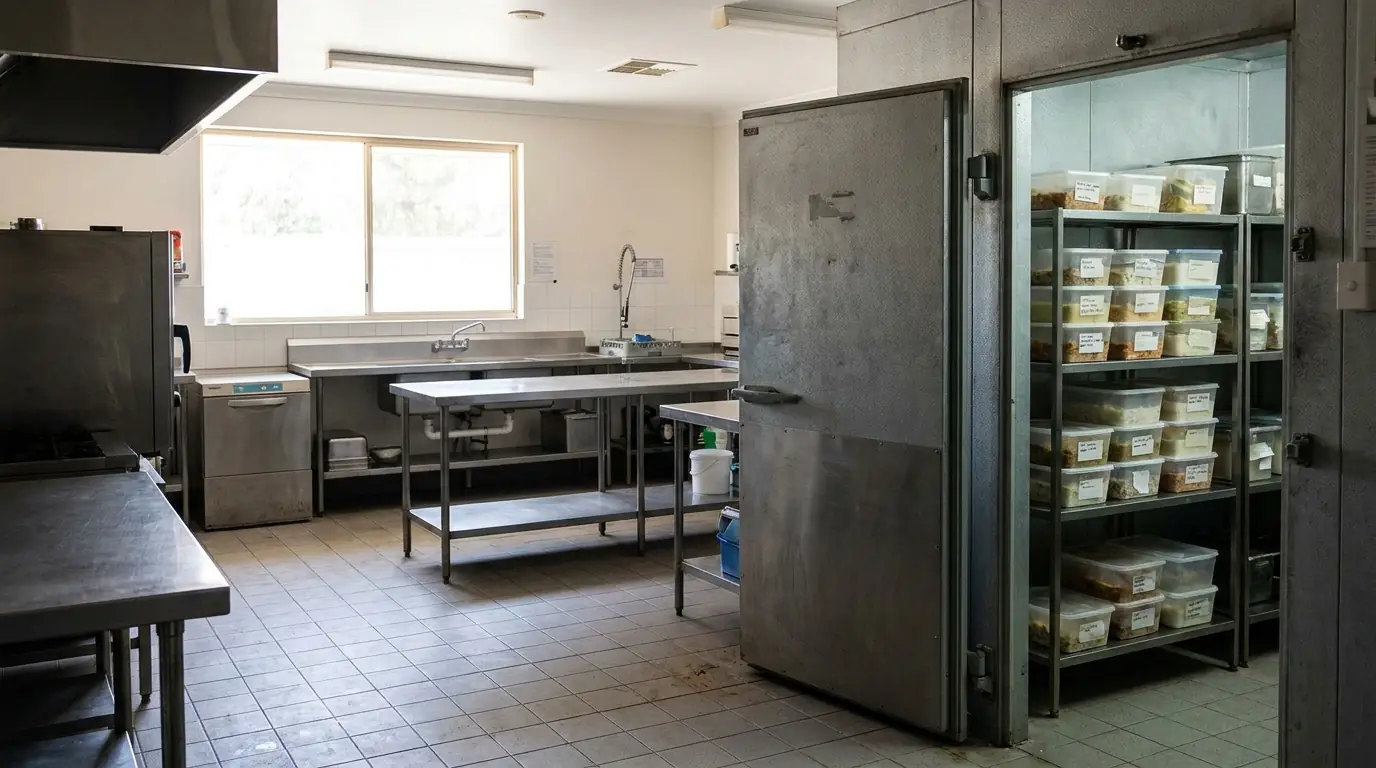 Aged care home kitchen with stainless benches and an open walk-in cool room stocked with containers