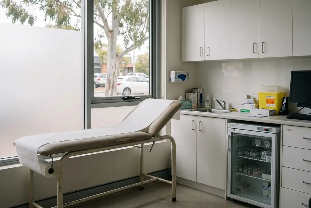 Clinic treatment room with an examination bed and a glass door vaccine fridge under the bench
