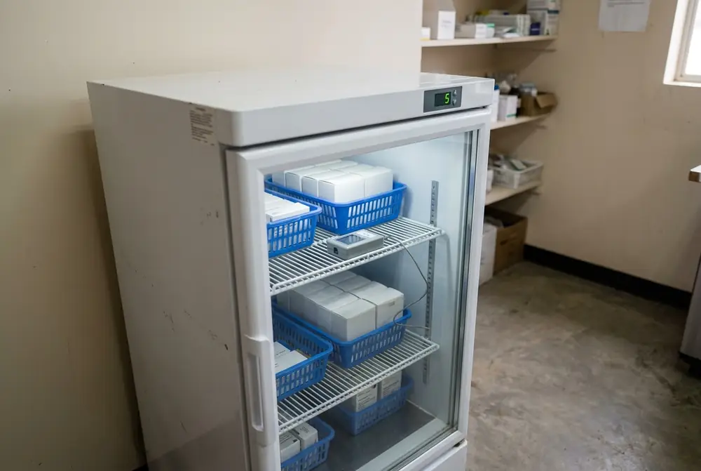 Glass door vaccine refrigerator with stock in baskets and a data logger on the middle shelf