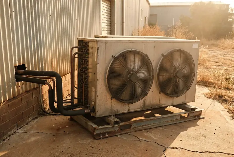 Two fan condensing unit running on a concrete pad behind a shop