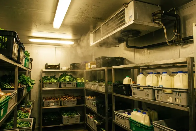 Cool room shelves of produce and dairy under a misting ceiling evaporator