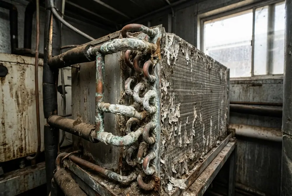 Old condenser coil with corroded fins and green tarnished copper bends