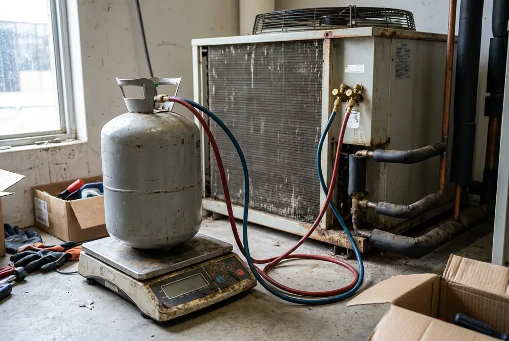 Unlabelled refrigerant cylinder on a charging scale hosed to a condensing unit