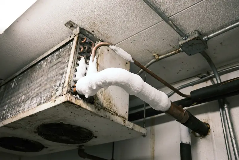 Frost and ice coating the suction line leaving a cool room evaporator
