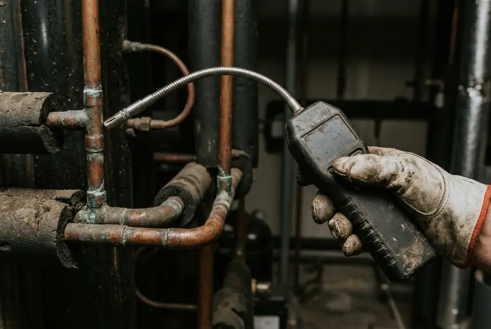 Gloved hand holding an electronic leak detector probe beside brazed copper joints