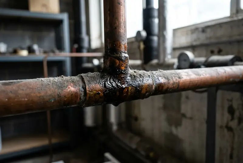 Brazed copper joint with a dark oily stain coated in dust