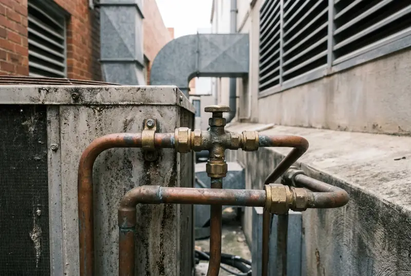 Copper pipework and brass service valve on the side of a condensing unit