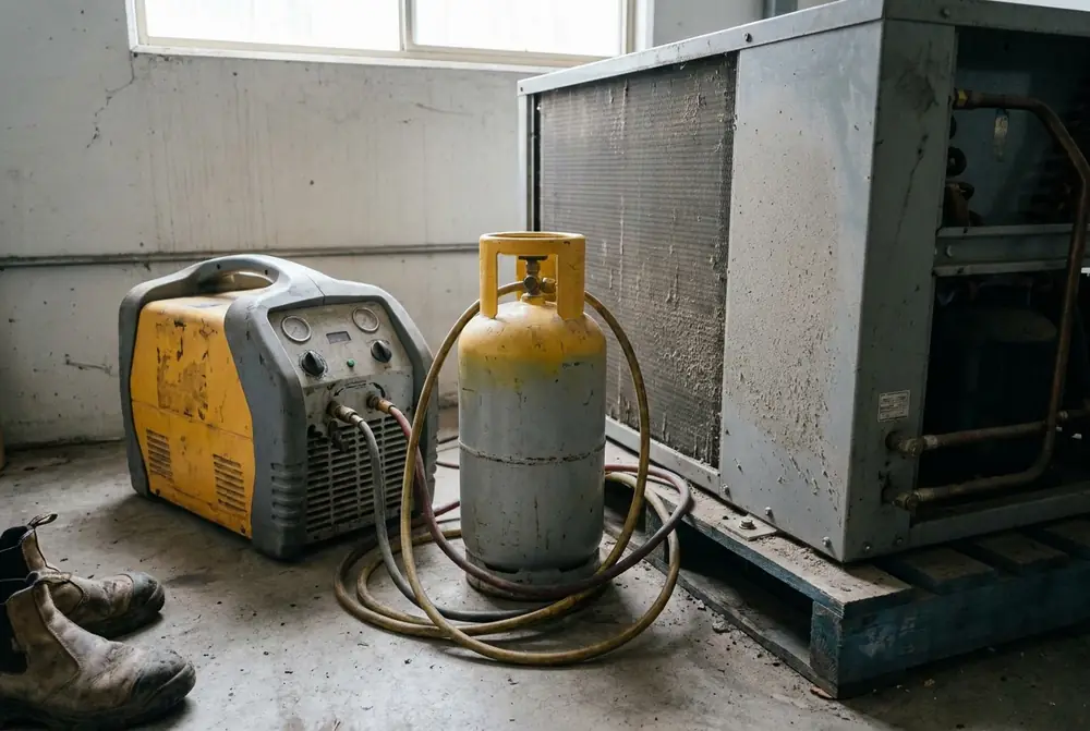 Refrigerant recovery machine and cylinder connected by hoses to a condensing unit